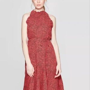 Who What Wear Red Black Leopard Cheetah Animal Print Ruffle Halter Dress